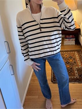 Vintage Cream and Black Striped V-Neck Sweater
